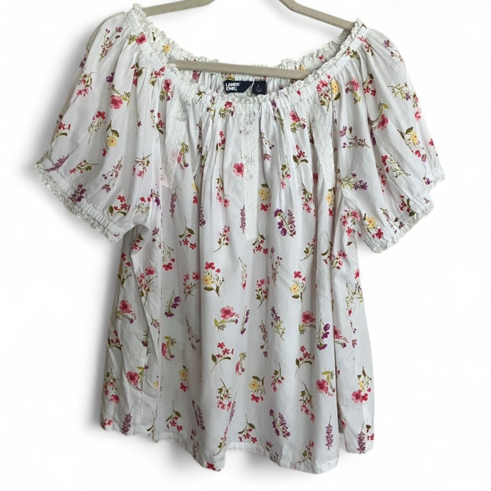 Land’s End floral lace trim blouse women’s size large